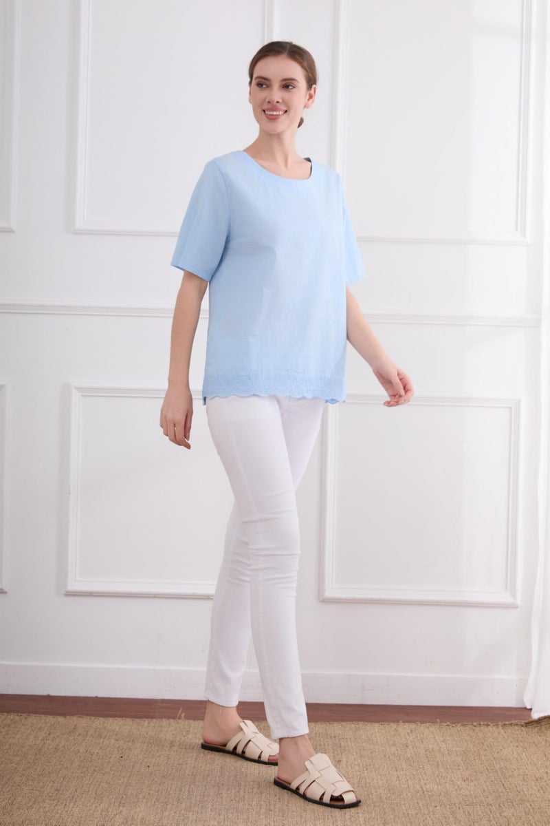 Minibee Women's Summer Linen Tunic Shirt High Low Hem Embroidery Blouse Top Blue M - Image 3